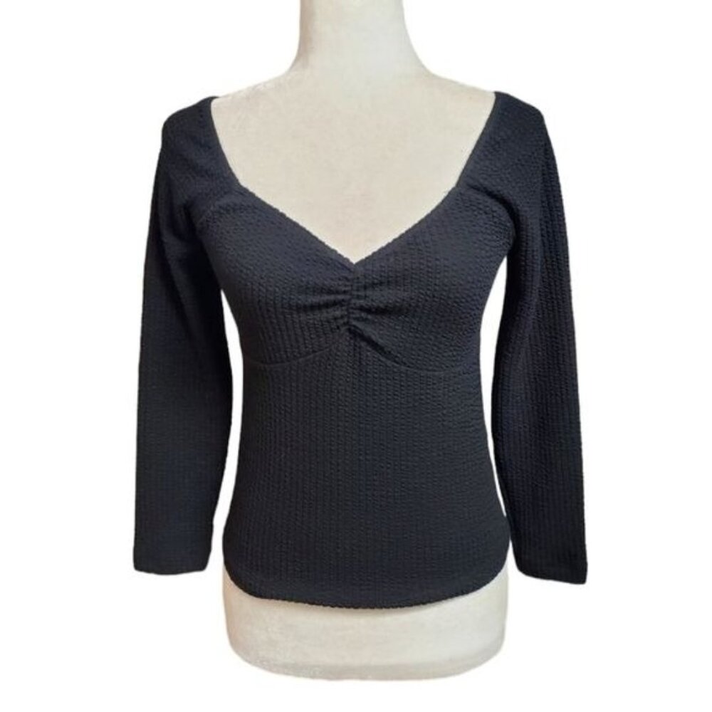Maeve Anthropologie Blouse Women XS Black Textured Knit V Neck Long Sleeves Top